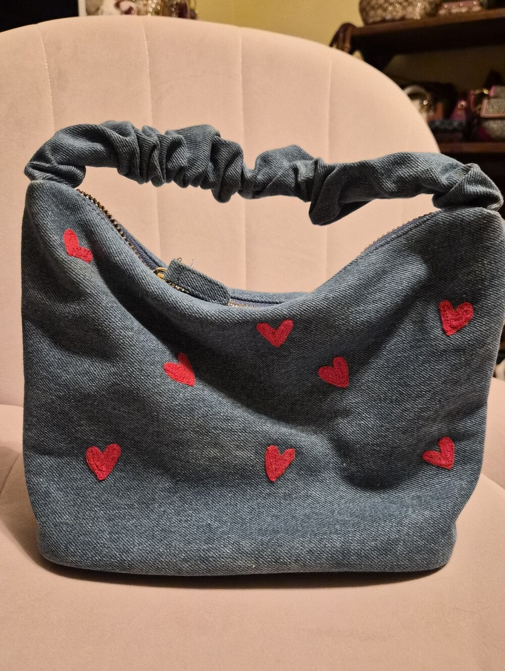 Stoney Clover Limted Edition Embroidered  Denim Hobo Bag with Red Hearts